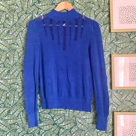 Free People | Mock Turtleneck Pointelle Knit Blue Sweater XS - Picture 1 of 6